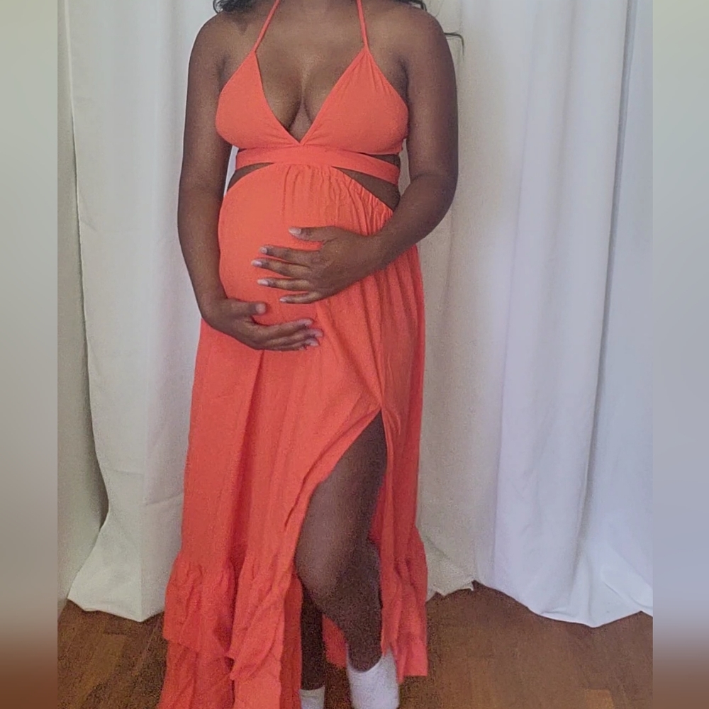 Orange long tie-up dress with slit
